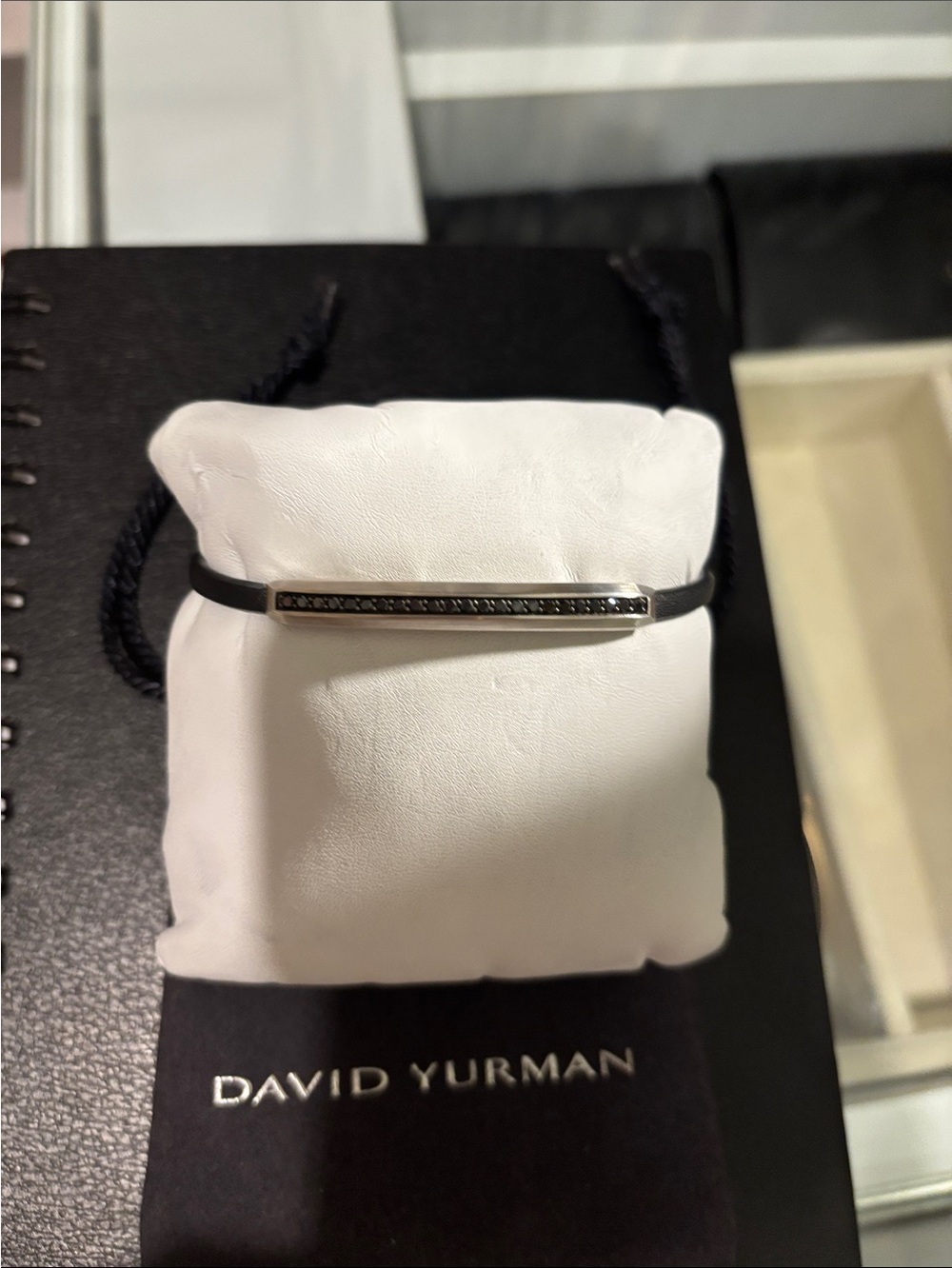 David Yurman Silver Bar Bracelet with Black Diamonds
And leather strap